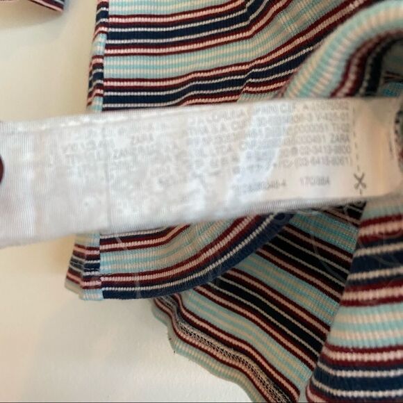 Zara Light Blue Maroon Red Striped Ribbed 1/2 Sleeve Mock Neck Size Small - Picture 4 of 8